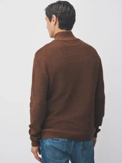 Outlet Next Plain N.Premium Regular Fit Cotton Rich Textured Premium Quarter Zip Jumper Tan Brown