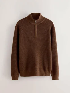 Outlet Next Plain N.Premium Regular Fit Cotton Rich Textured Premium Quarter Zip Jumper Tan Brown