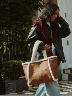 Next Tan Brown PU Borg Tote Bag^Women Bags