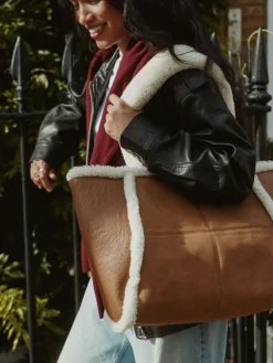 Next Tan Brown PU Borg Tote Bag^Women Bags