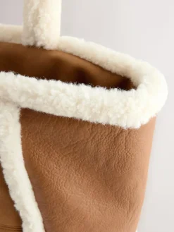 Next Tan Brown PU Borg Tote Bag^Women Bags