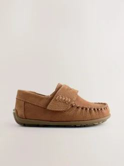 Next Tan Brown Standard Fit (F) Leather Penny Loafers with Touch and Close Fastening^ Shoes