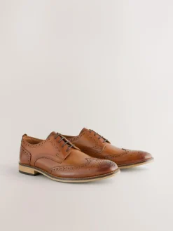 Online Next Standard Fit Leather Contrast Sole Brogue Shoes Tan Brown