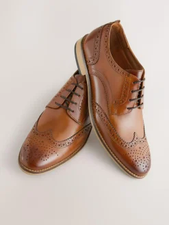 Online Next Standard Fit Leather Contrast Sole Brogue Shoes Tan Brown