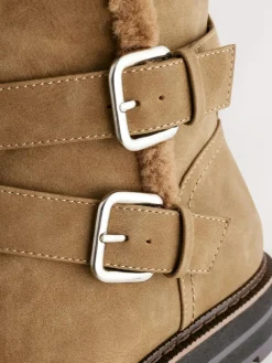 Next Standard/Wide Fit Forever Comfort® Double Buckle Faux Fur Lined Ankle Boots^Women Wide Fit & Extra Wide Fit