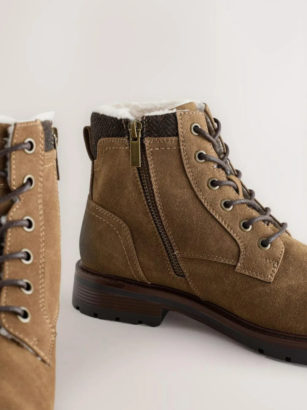Online Next Tall Borg Lined Zip-Up Boots Tan Brown