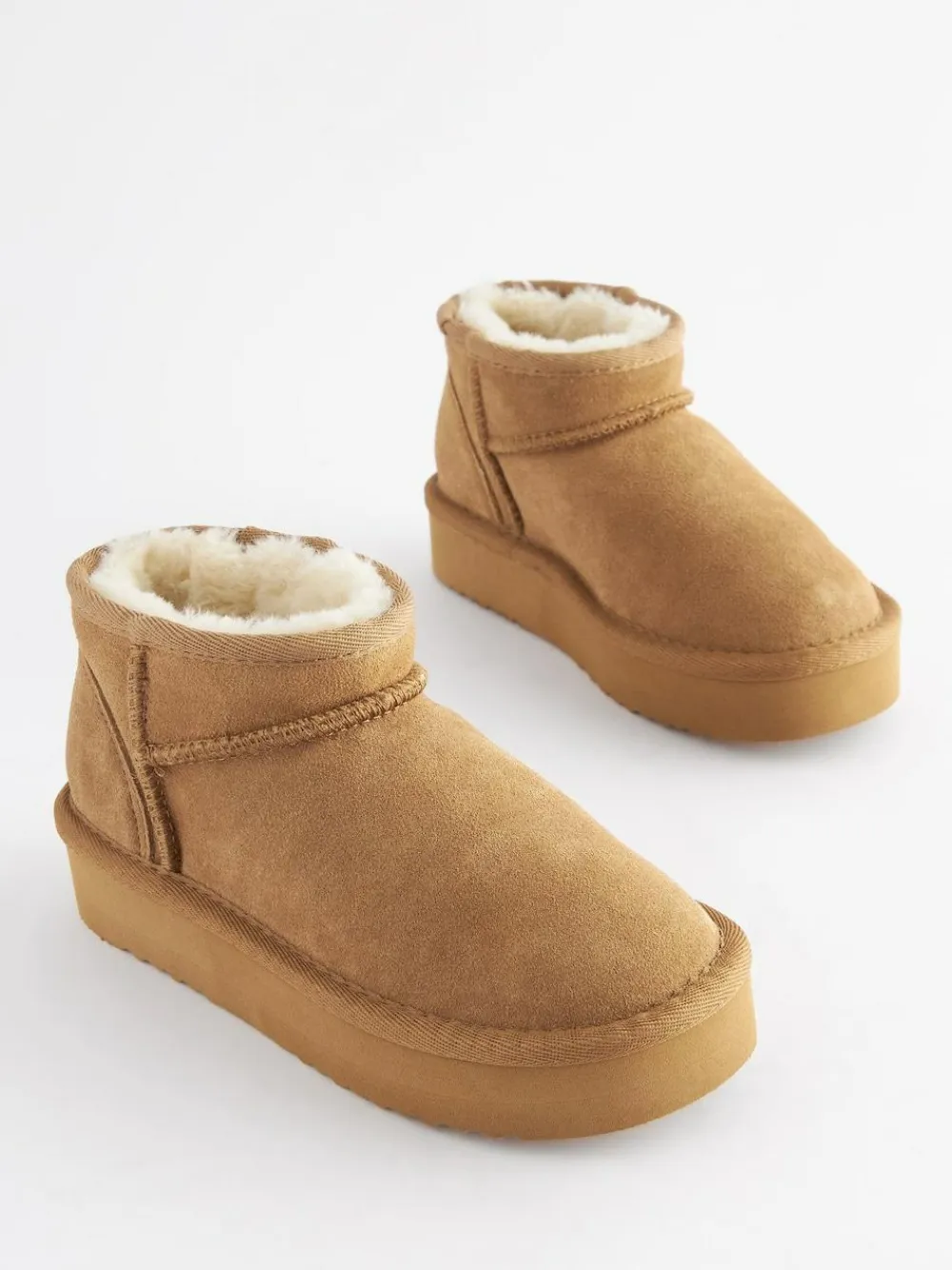 Outlet Next Wide Fit (G) Flatform Mini Warm Lined Water Repellent Suede Pull-On Boots Tan Brown