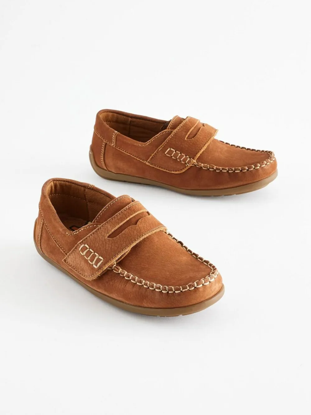 Hot Next Wide Fit (G) Leather Penny Loafers with Touch and Close Fastening Tan Brown