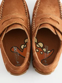 Hot Next Wide Fit (G) Leather Penny Loafers with Touch and Close Fastening Tan Brown