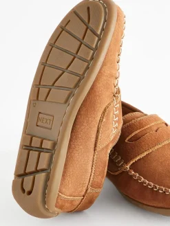 Hot Next Wide Fit (G) Leather Penny Loafers with Touch and Close Fastening Tan Brown