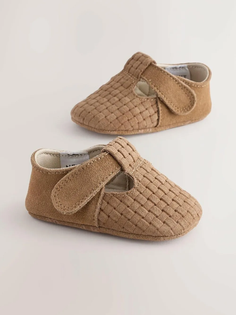 New Next Leather Baby T-Bar Shoes (0-24mths) Tan Woven Suede
