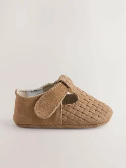 New Next Leather Baby T-Bar Shoes (0-24mths) Tan Woven Suede