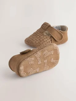 New Next Leather Baby T-Bar Shoes (0-24mths) Tan Woven Suede