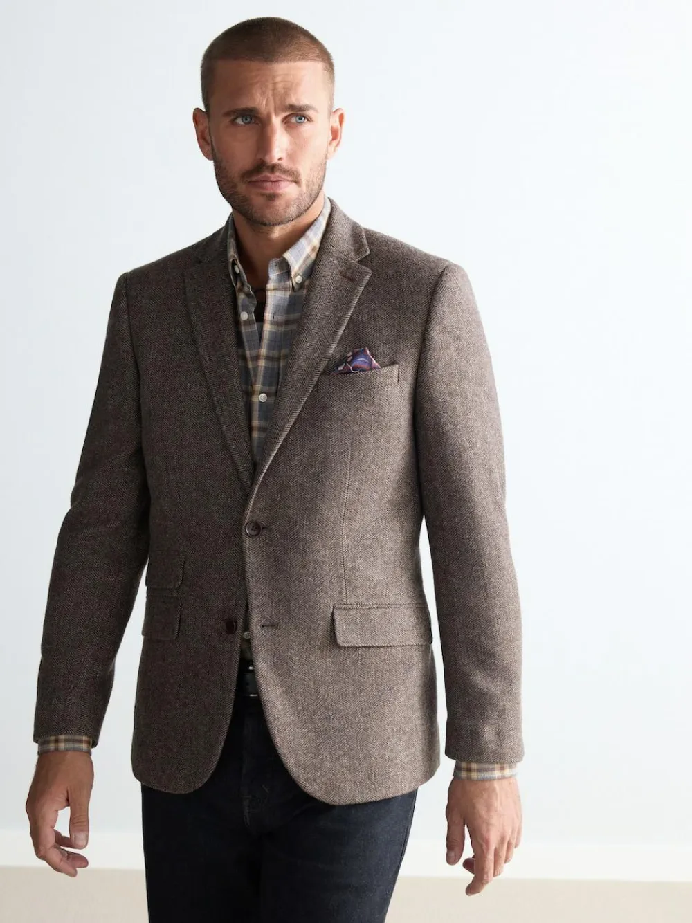 New Next Regular Fit Signature Wool Blend Herringbone Nova Fides Blazer Taupe Brown