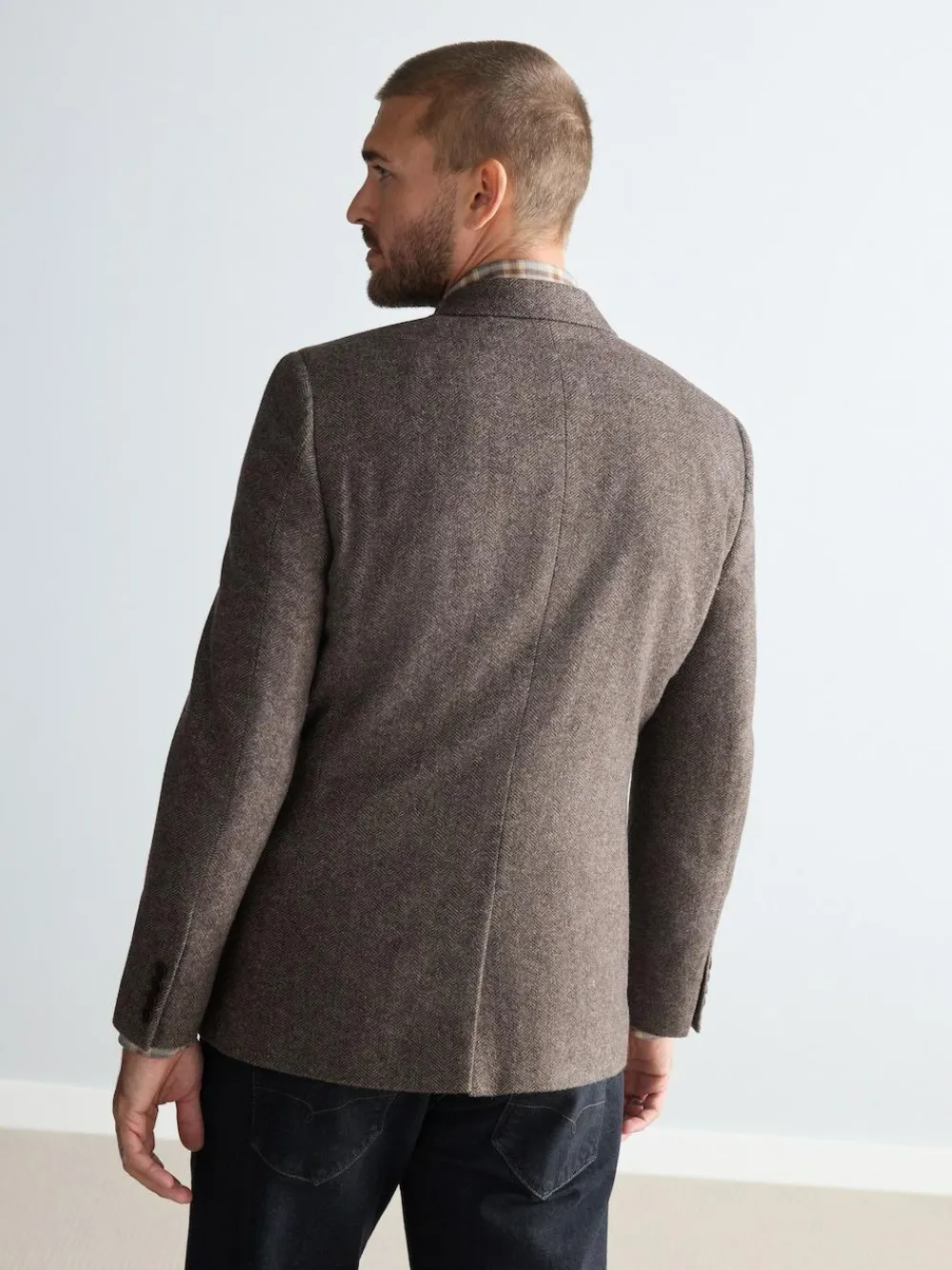 New Next Regular Fit Signature Wool Blend Herringbone Nova Fides Blazer Taupe Brown