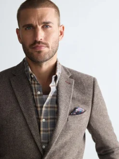 New Next Regular Fit Signature Wool Blend Herringbone Nova Fides Blazer Taupe Brown