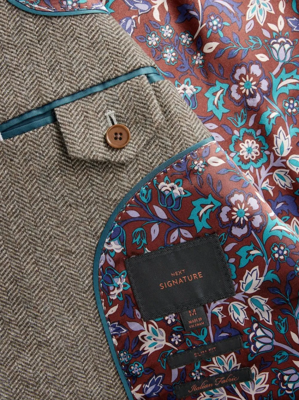 New Next Regular Fit Signature Wool Blend Herringbone Nova Fides Blazer Taupe Brown