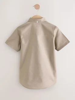 Next Taupe Logo Short Sleeve Cotton Rich Oxford Shirt (3-16yrs)^BOY Shirts