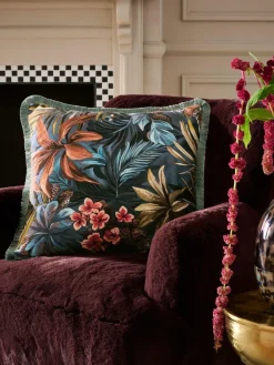 Hot Next Teal Blue 50 X 50cm Tropical Leaf Printed Velvet Cushion