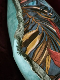 Hot Next Teal Blue 50 X 50cm Tropical Leaf Printed Velvet Cushion