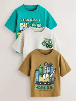 Clearance Next Teal Blue Digger Short Sleeve Graphic T-Shirts 3 Pack (3mths-7yrs)