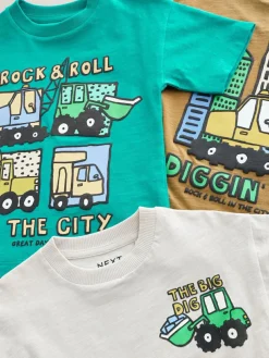 Clearance Next Teal Blue Digger Short Sleeve Graphic T-Shirts 3 Pack (3mths-7yrs)