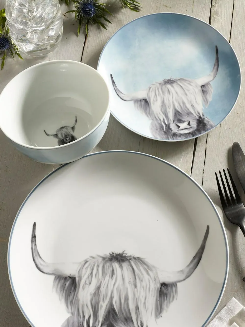 Next Teal Blue Hamish The Highland Cow 12 Piece Dinner Set^ Dinner Sets & Pasta Bowls