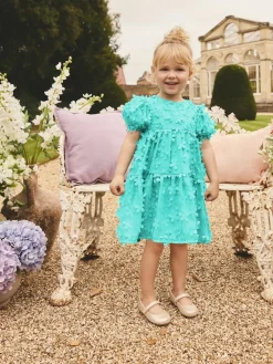 Clearance Next Short Sleeve 3D Flowers Dress (3mths-8yrs) Teal Blue