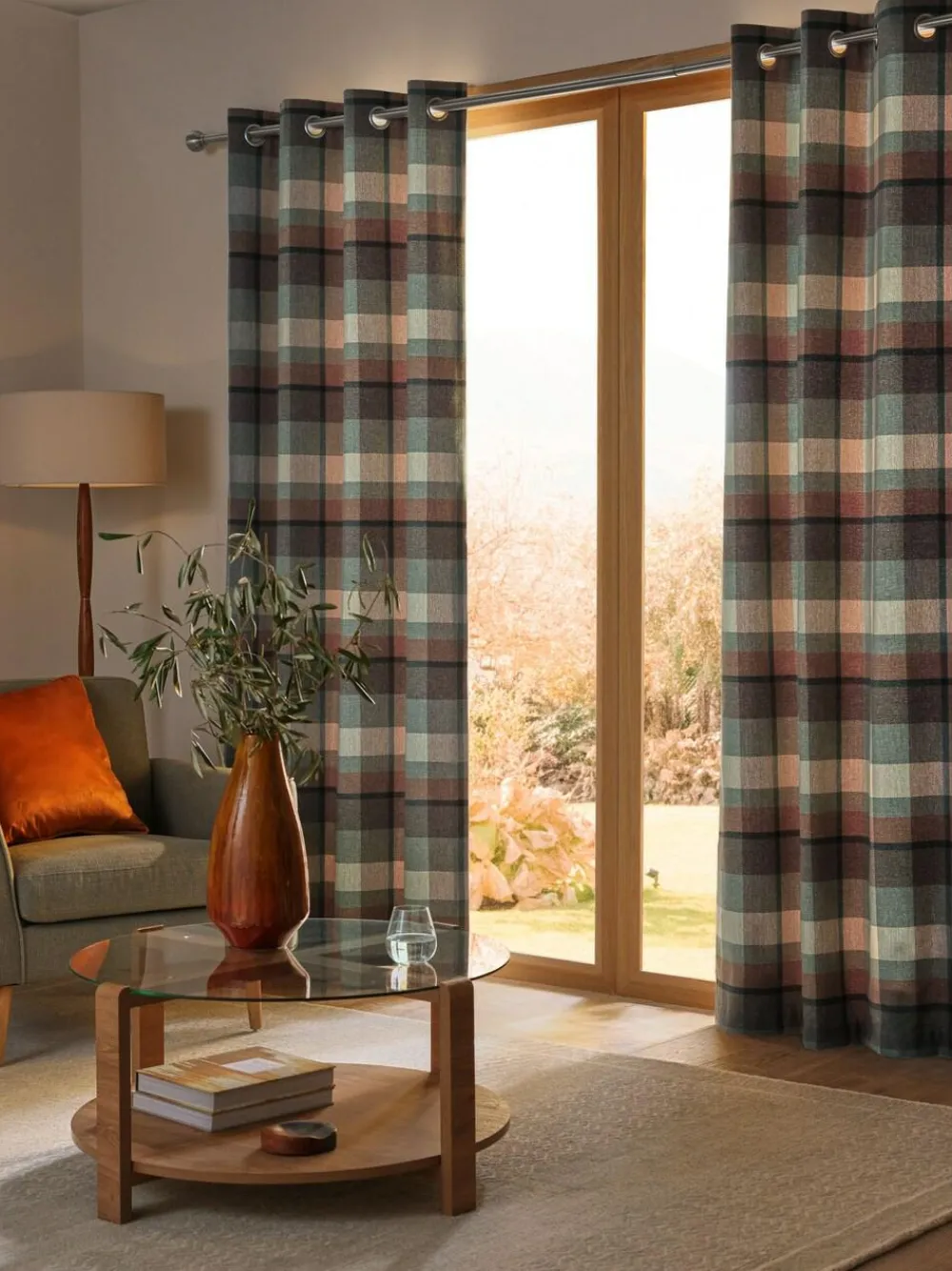 Next Teal Blue/Orange Brushed Check Eyelet Lined Curtains