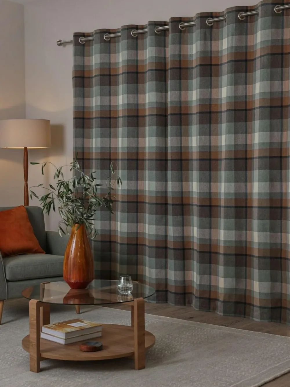 Next Teal Blue/Orange Brushed Check Eyelet Lined Curtains
