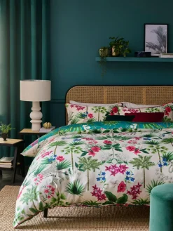 New Next Teal Green Reversible Safari 200 Thread Count 100% Cotton Sateen Duvet Cover and Pillowcase Set