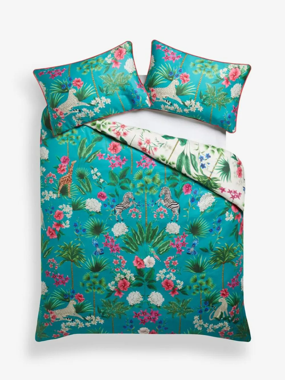 New Next Teal Green Reversible Safari 200 Thread Count 100% Cotton Sateen Duvet Cover and Pillowcase Set