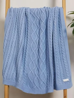 Hot The Little Tailor Baby Blue Fisherman Cable Knitted 100% Cotton Blanket