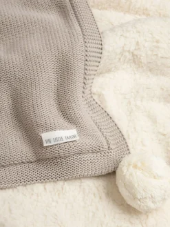 The Little Tailor Baby Natural Pom Pom Plush Lined Blanket^ Nursery Bedding|Blankets