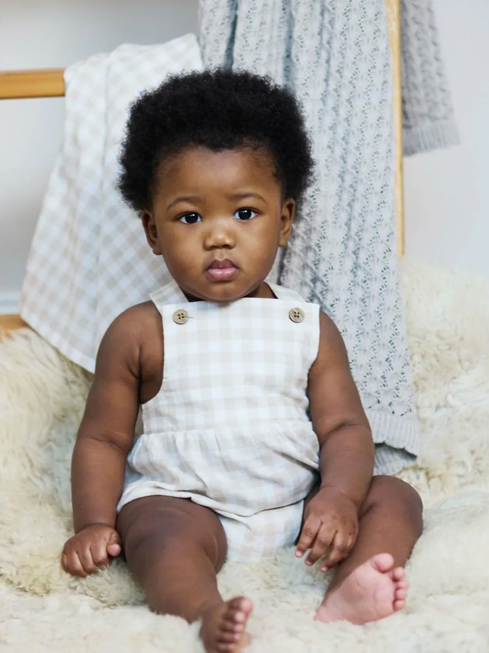 Clearance The Little Tailor Baby Woven Shorty 100% Cotton Romper Fawn Gingham