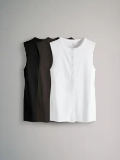 The Set 3 Pack Button Through Ribbed Vests Black/White/Chocolate Brown^Women Nightwear