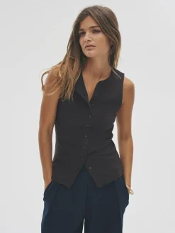 The Set 3 Pack Button Through Ribbed Vests Black/White/Chocolate Brown^Women Nightwear