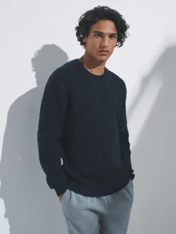 The Set 2 Pack Cable Knit Jumpers with Wool Navy Blue/Brown^ Knitwear|Knitwear