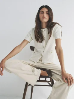 The Set 2 Pack Gold Button Knitted Short Sleeve Cardigans Cream/Black^Women Knitwear|Knitwear