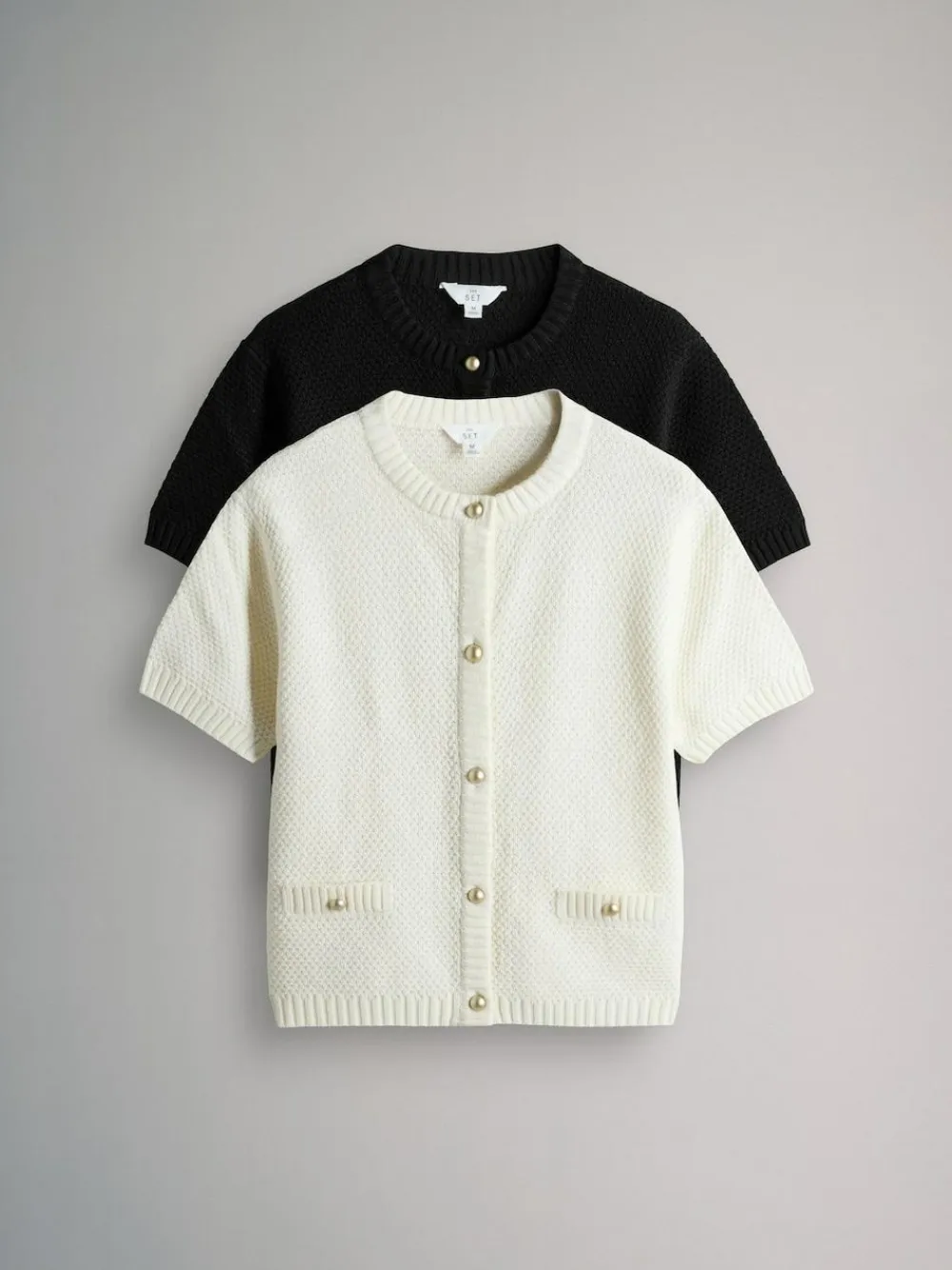 The Set 2 Pack Gold Button Knitted Short Sleeve Cardigans Cream/Black^Women Knitwear|Knitwear