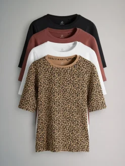 The Set 4 Pack Half Sleeve Fitted Crew Neck T-Shirts Black/White/Animal/Pink^Women Tops & T-Shirts