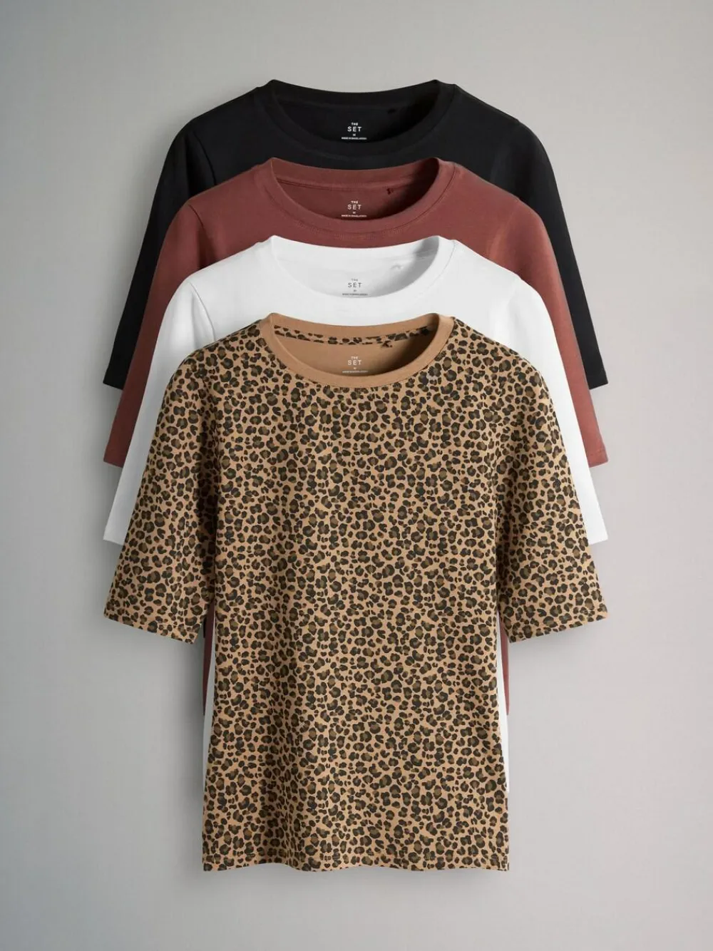 The Set 4 Pack Half Sleeve Fitted Crew Neck T-Shirts Black/White/Animal/Pink^Women Tops & T-Shirts