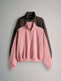The Set 2 Pack Half Zip Funnel Neck Sweatshirts Pink/Chocolate Brown^Women Hoodies & Sweatshirts
