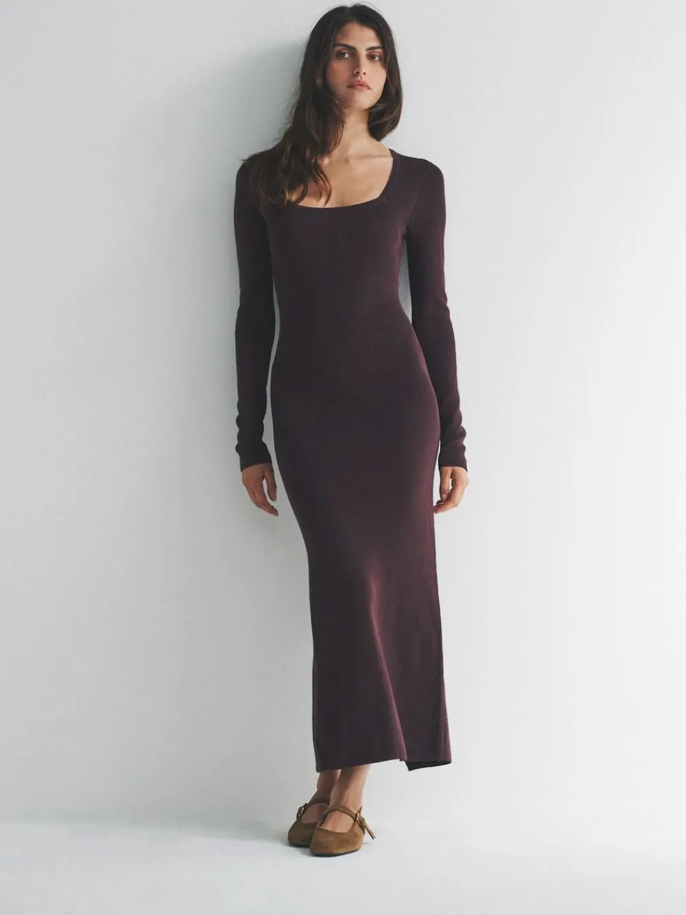 The Set 2 Pack Knitted Square Neck Dress Burgundy Plum/Navy Blue Tipped^Women Midi Dresses|Knitwear