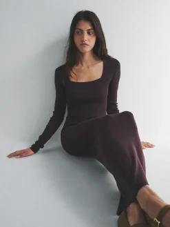 The Set 2 Pack Knitted Square Neck Dress Burgundy Plum/Navy Blue Tipped^Women Midi Dresses|Knitwear