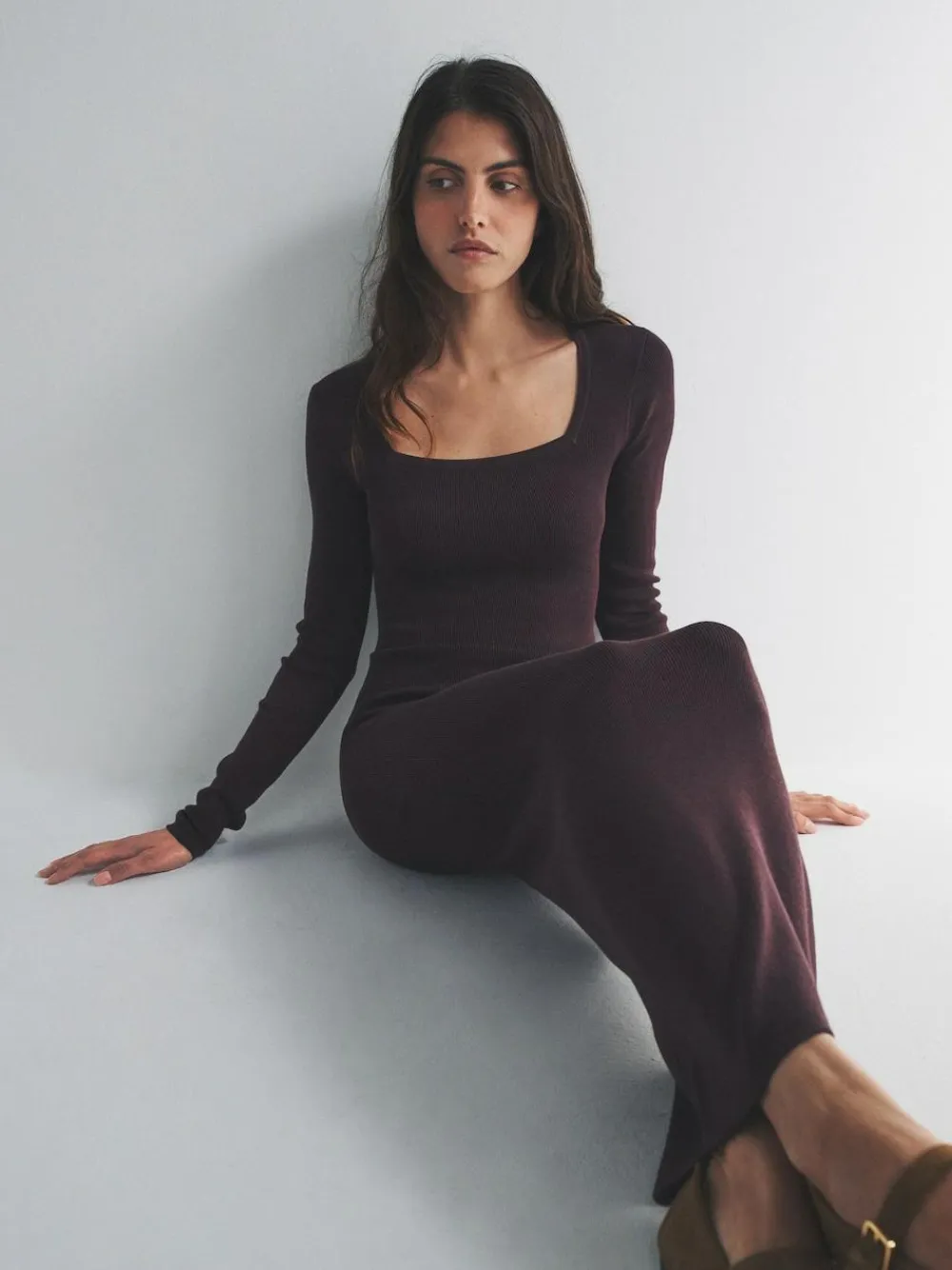 The Set 2 Pack Knitted Square Neck Dress Burgundy Plum/Navy Blue Tipped^Women Midi Dresses|Knitwear