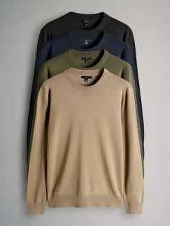 Best The Set 4 Pack Long Sleeve Knitted Crew Jumpers Black/Navy Blue/Khaki/Brown