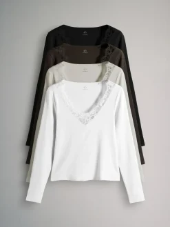 The Set 4 Pack Long Sleeve V-Neck Ribbed Lace Trim T-Shirt Black/Chocolate Brown/Taupe Brown/Cream