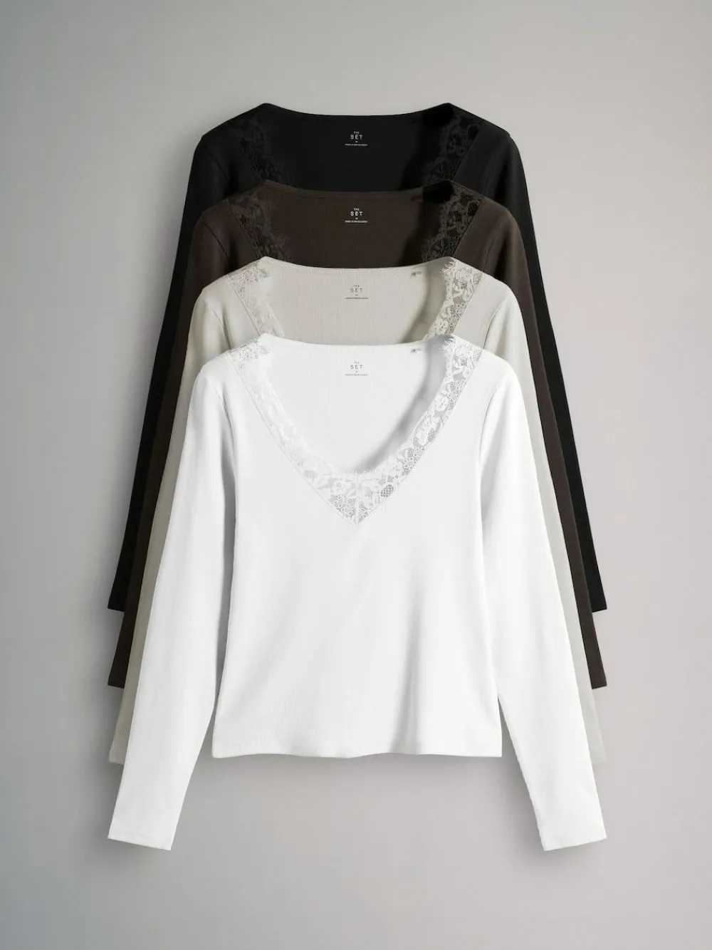 The Set 4 Pack Long Sleeve V-Neck Ribbed Lace Trim T-Shirt Black/Chocolate Brown/Taupe Brown/Cream