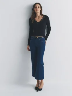 The Set 4 Pack Long Sleeve V-Neck Ribbed Lace Trim T-Shirt Black/Chocolate Brown/Taupe Brown/Cream